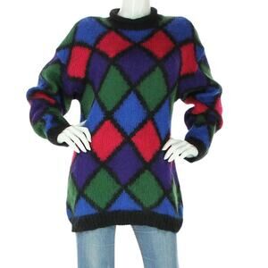 Vintage Argyle Diamond Geometric Multi Color Block Mohair Wool Knit Mod Sweater